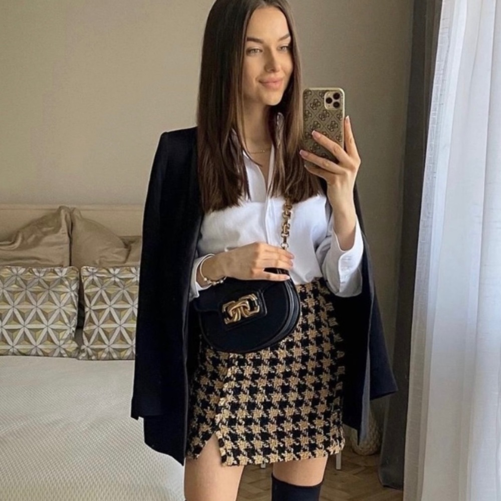Zara Textured Weave Mini Skirt Houndstooth New Women’s Size M Bloggers Favorite